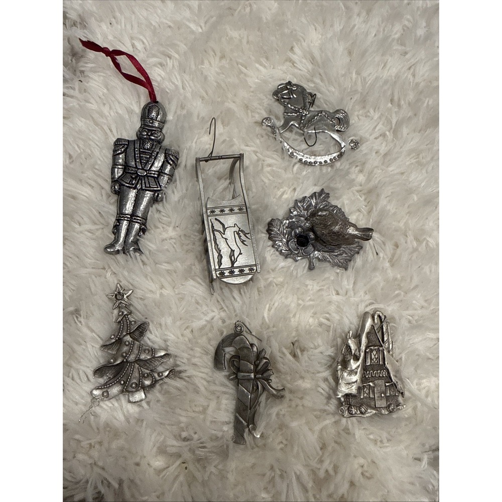 Lot of 7 Vintage Metal Pewter Christmas Ornaments Sled Soldier Bird